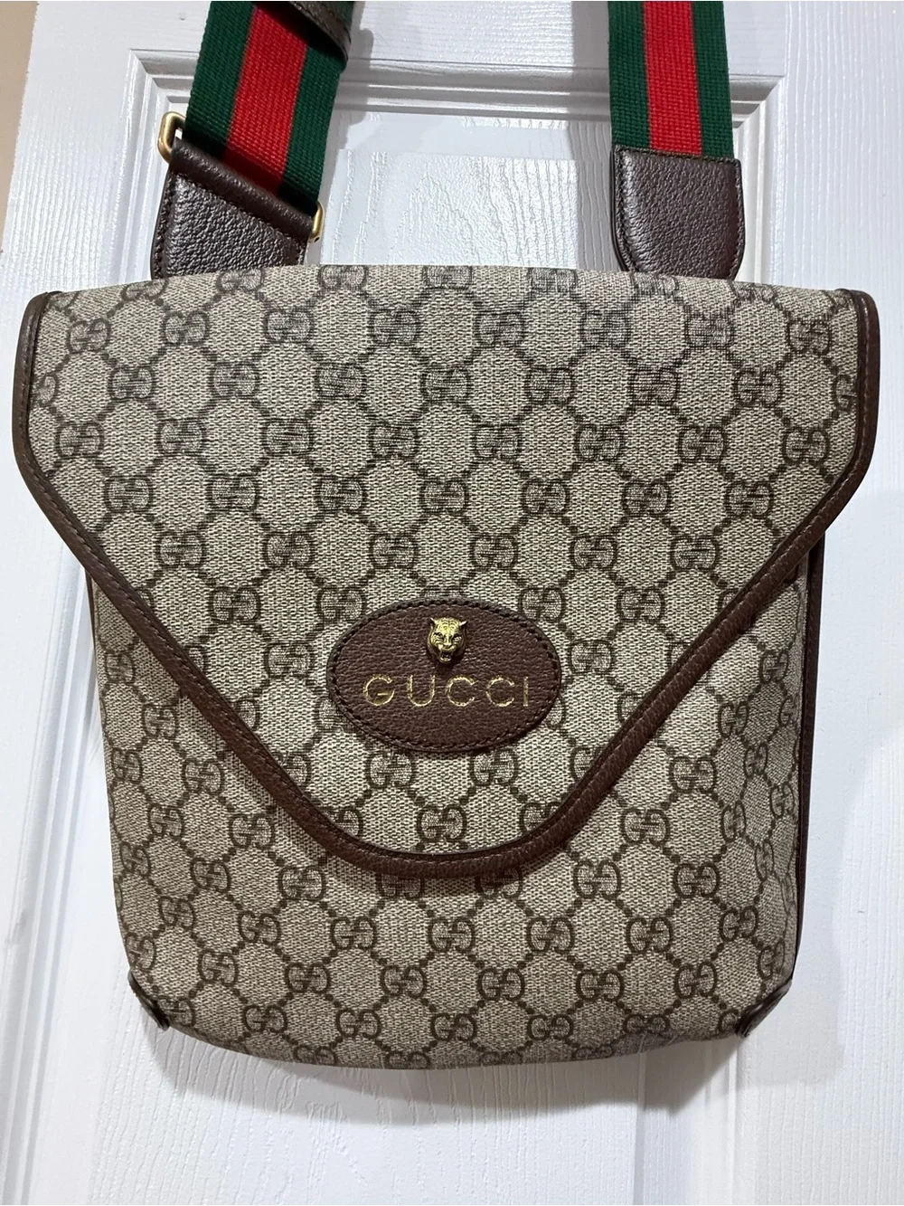 Gucci Beige GG Canvas Messenger with Brown Trim and Green-Red Strap